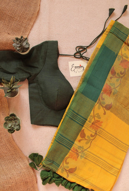 Yellow Mohe Saree + Green Madhubala with Sleeves Blouse Combo - Eternity by Sakshi