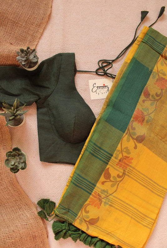 Yellow Mohe Saree + Green Madhubala with Sleeves Blouse Combo - Eternity by Sakshi