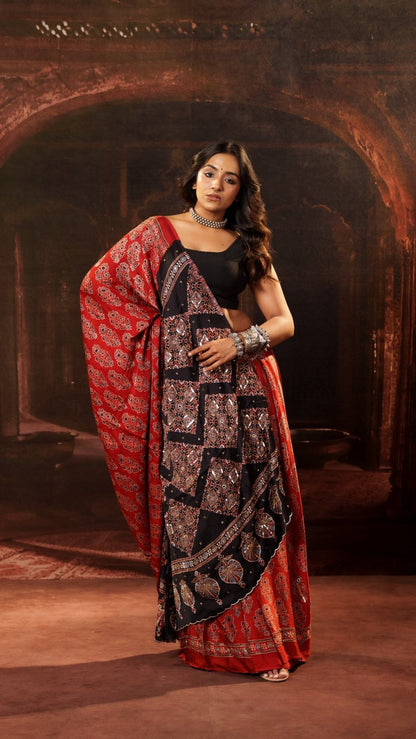 Veya Laal Ajrakh Modal Silk Handwork Saree - Eternity by Sakshi