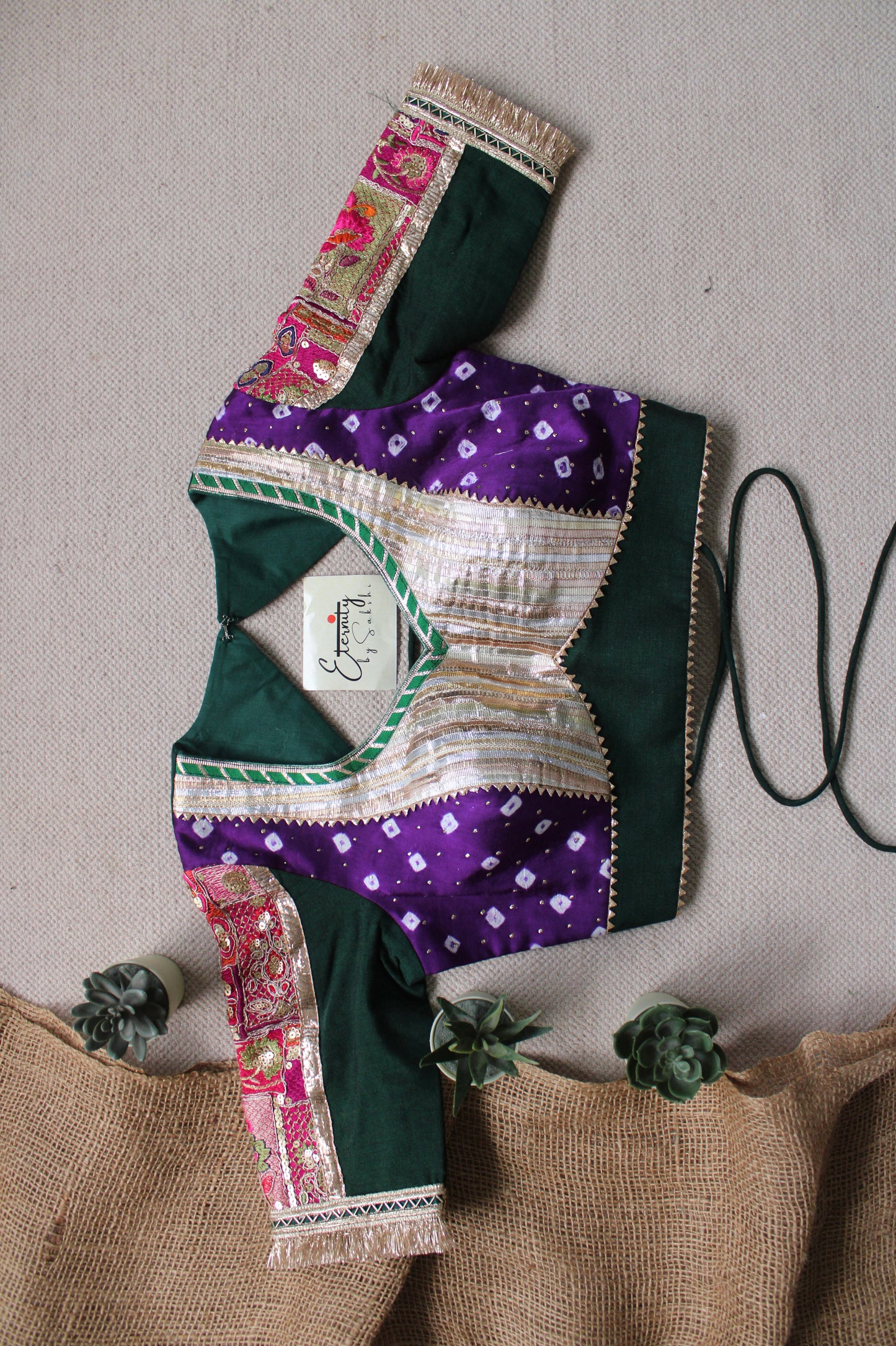 Gehraai Bandhani Multicolor Purple Green Patch Blouse