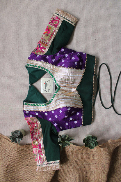 Gehraai Bandhani Multicolor Purple Green Patch Blouse