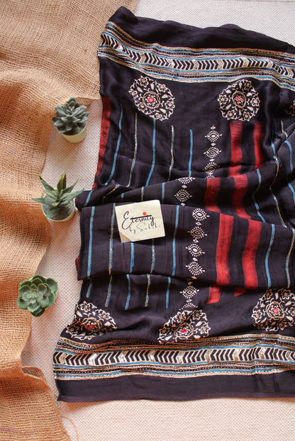 Ruhva Indigo Ajrakh Modal Silk Saree with Artisan Handwork - Eternity by Sakshi