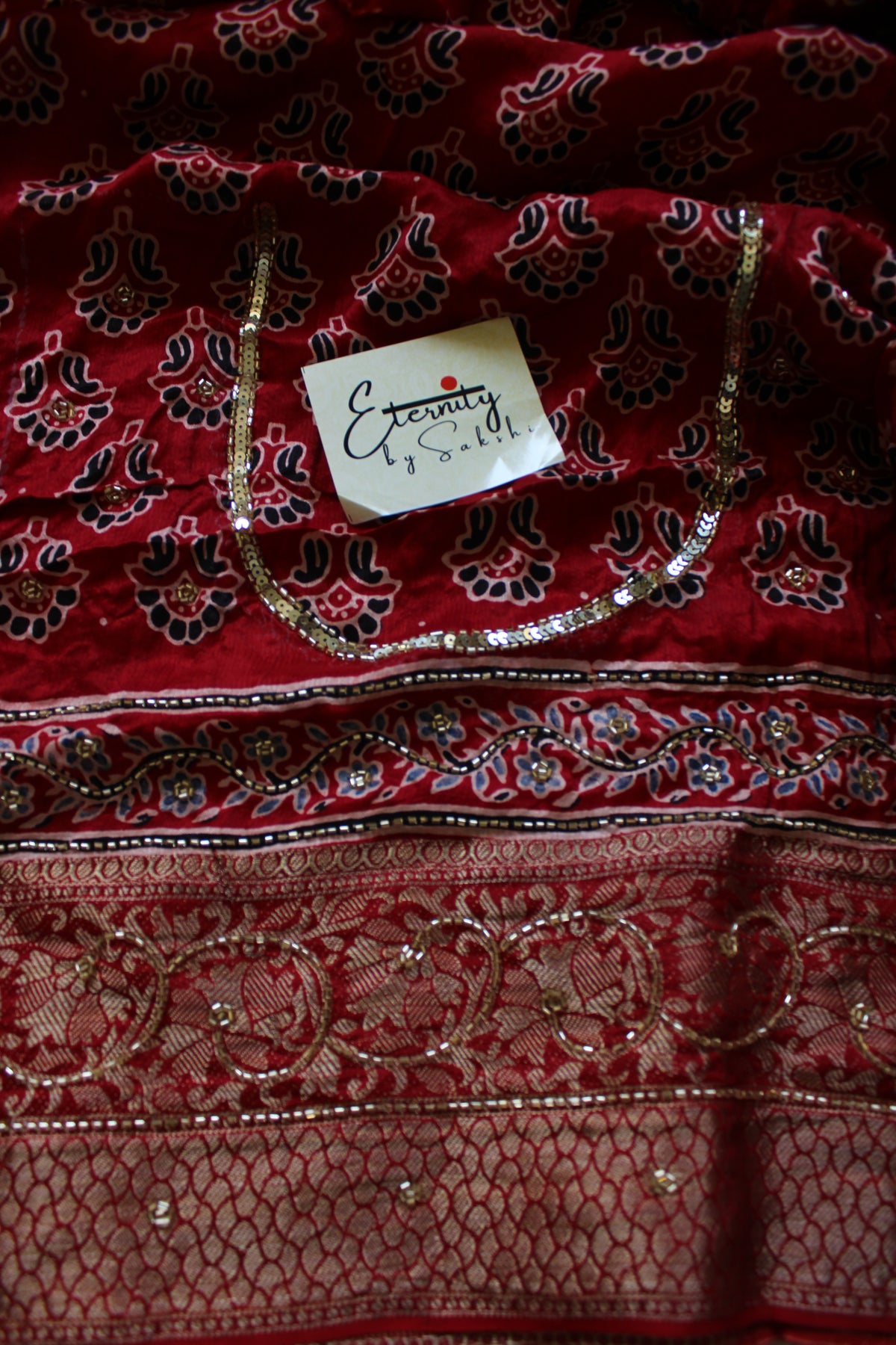 Red Maharani Ajrakh Dola Silk Handwork Saree