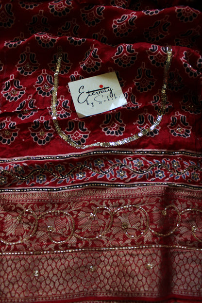 Red Maharani Ajrakh Dola Silk Handwork Saree