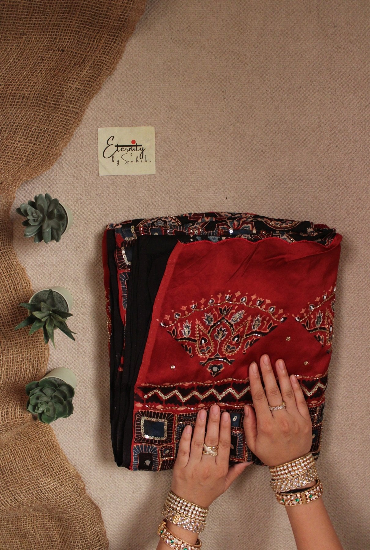Aaina Raag Ajrakh Modal Silk Saree with Artisan Handwork - Eternity by Sakshi