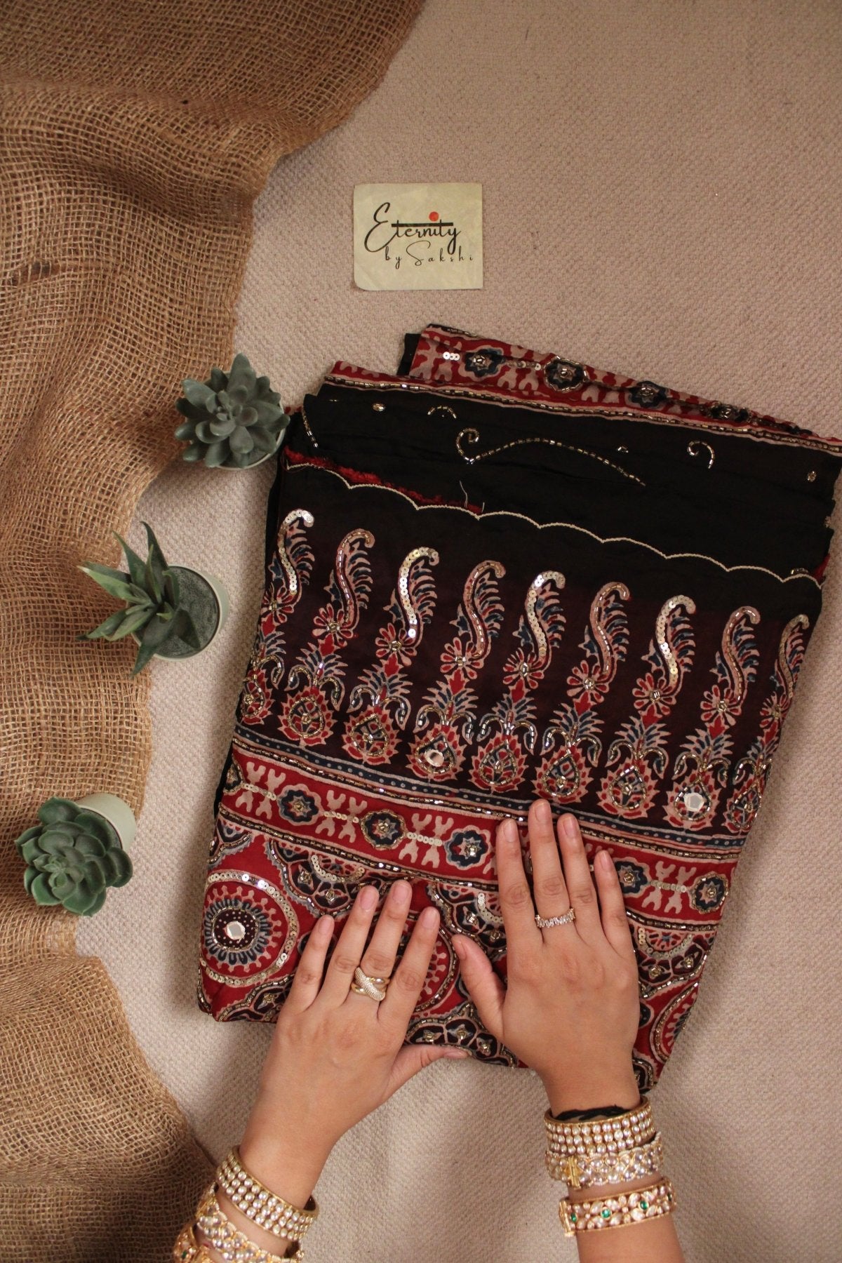 Laal Sitara Ajrakh Modal Silk Saree with Artisan Handwork - Eternity by Sakshi