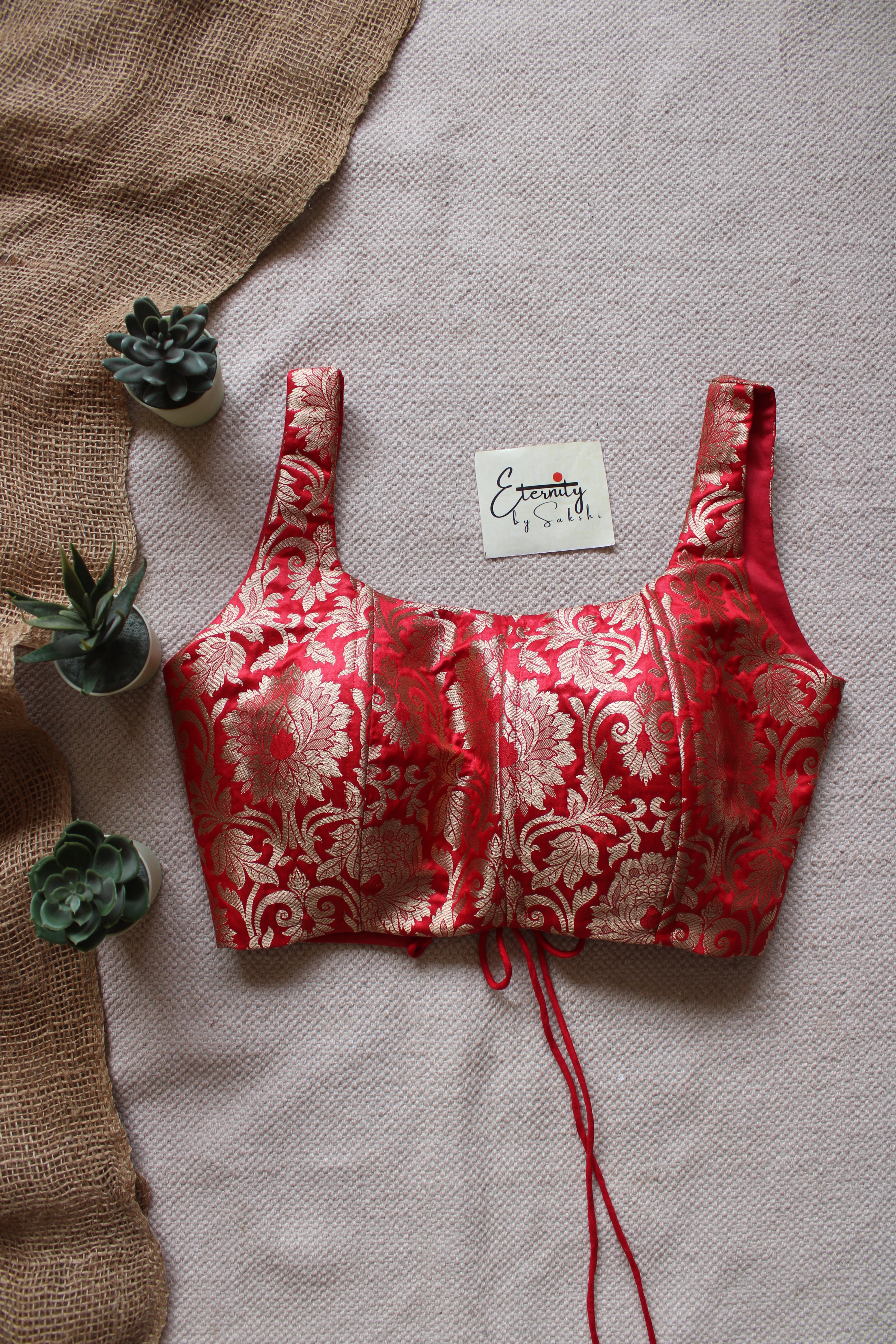 Red WaistCoat Backless Brocade Blouse