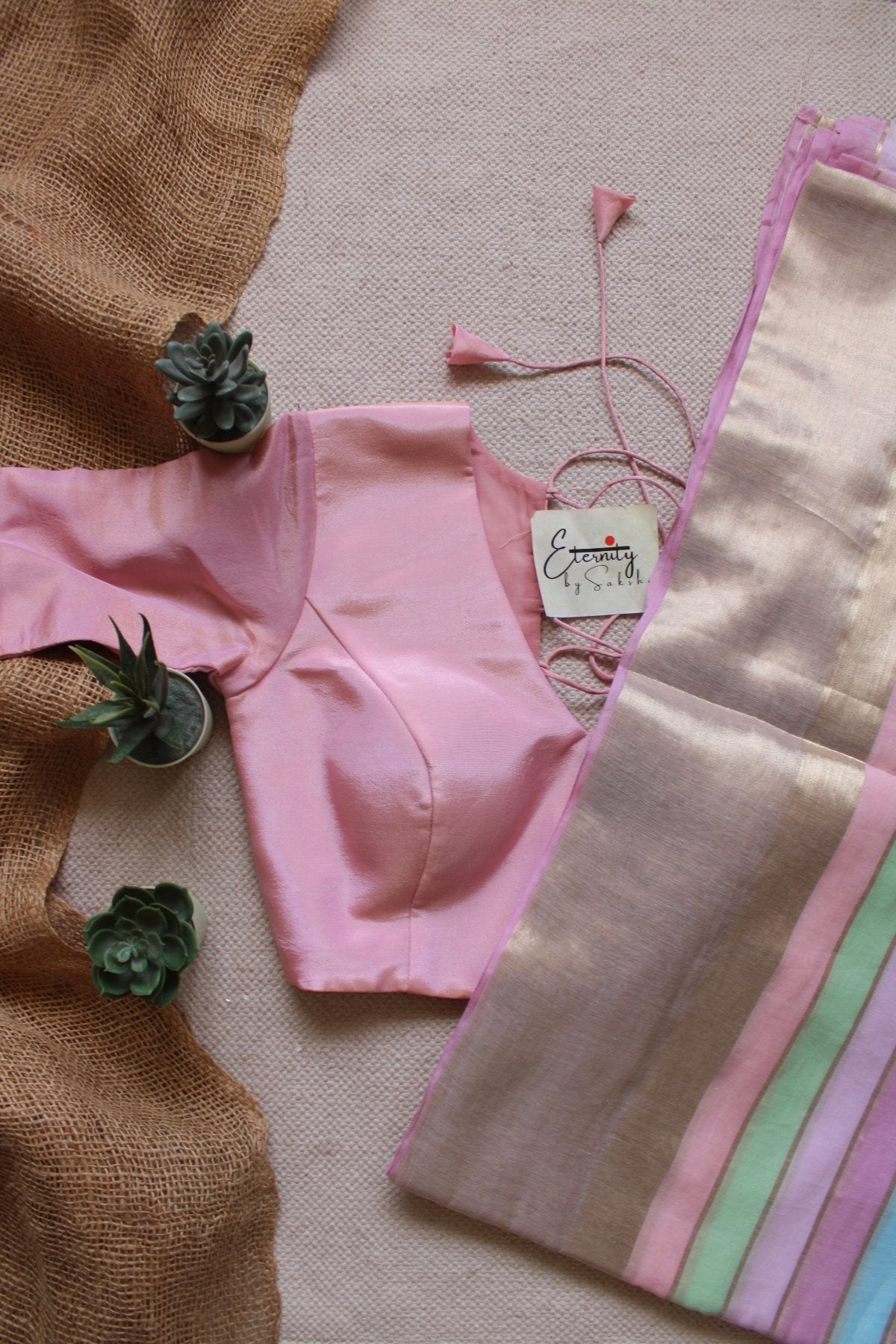 Pastel Whisper Tissue Saree - Onam + Light Pink Tissue Elastic Blouse Combo - Eternity by Sakshi
