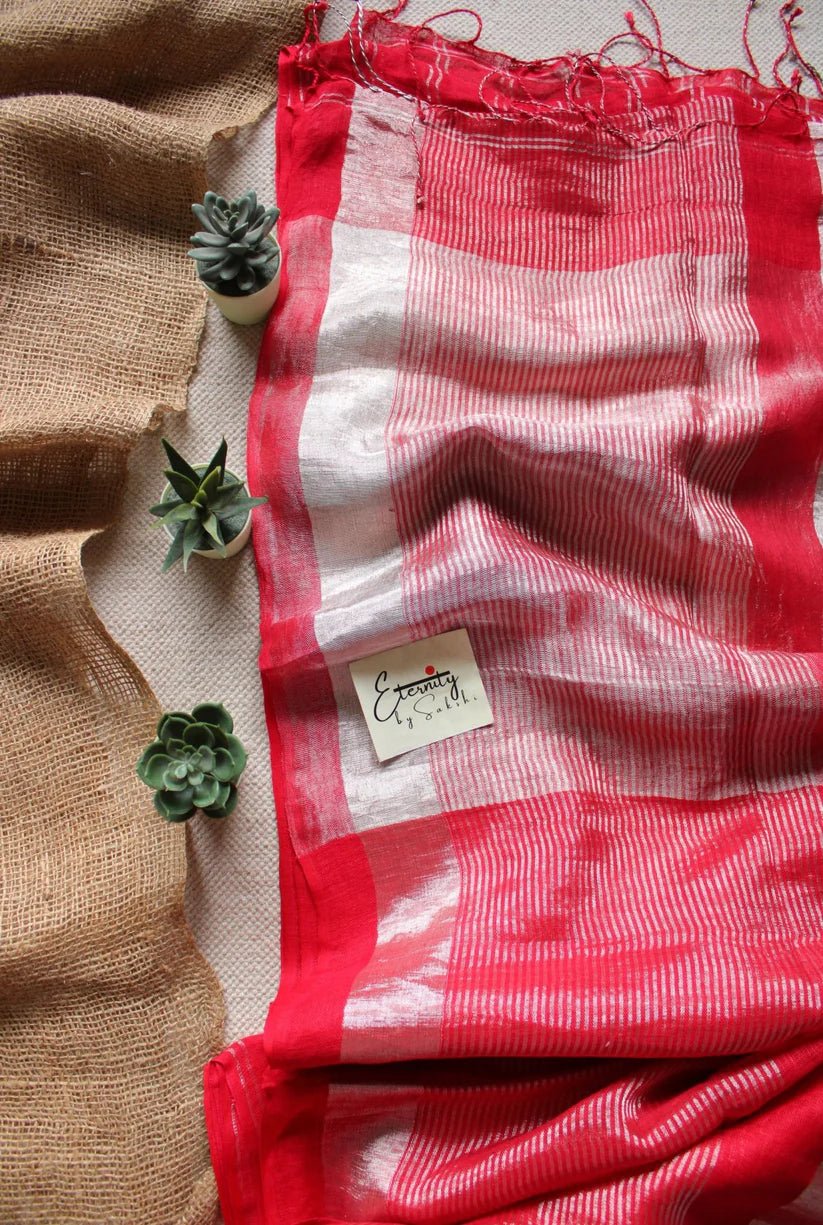 Red stripes Linen Saree + Silver Zari Blouse Combo - Eternity by Sakshi