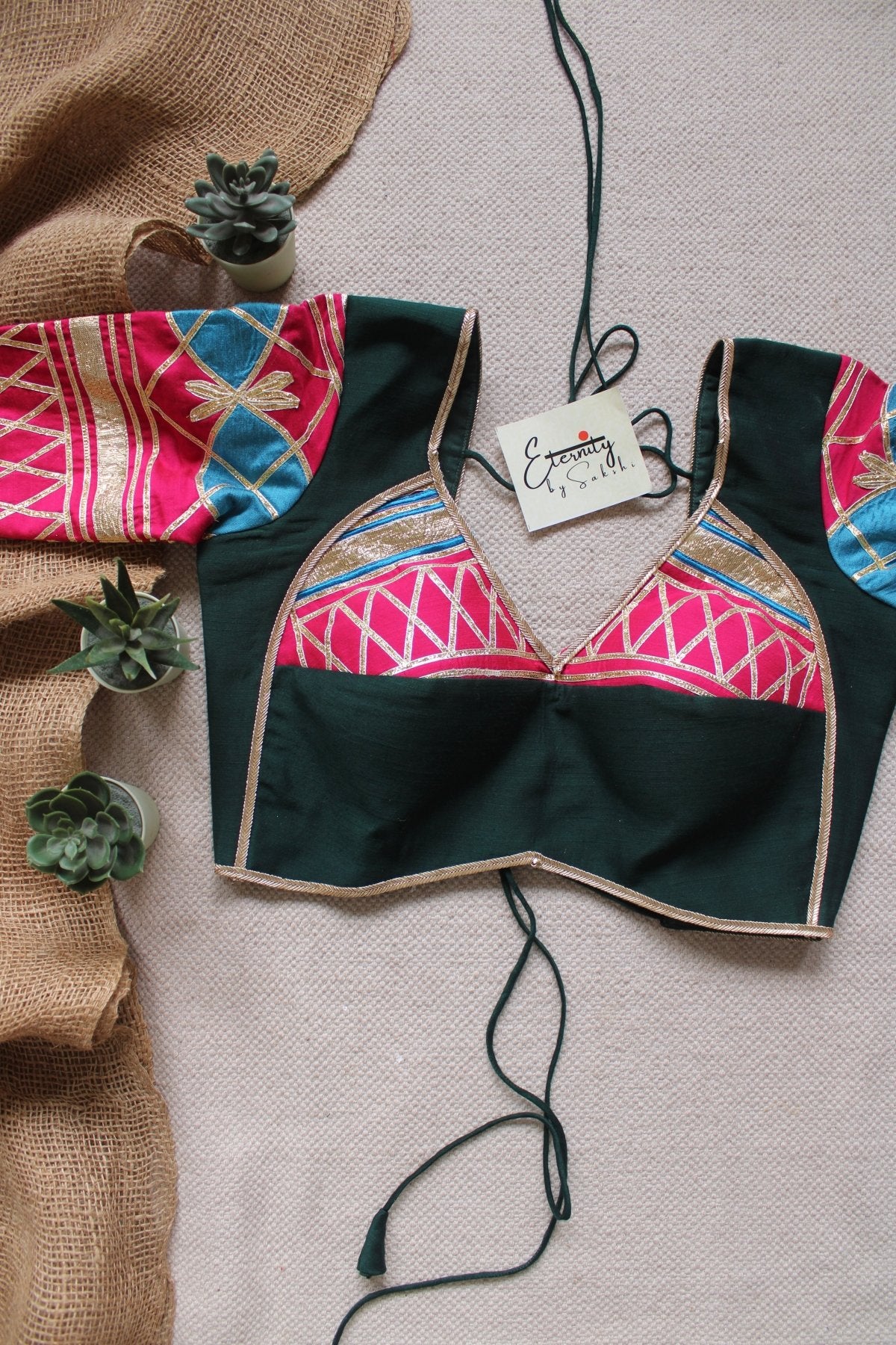 Green Pink Gottapatti Limited Navratri Patch Blouse - Eternity by Sakshi