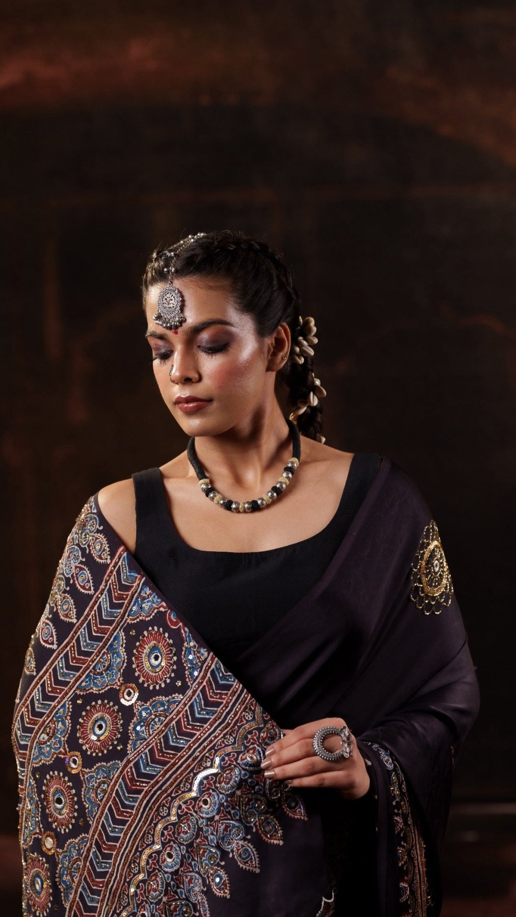 Zariya Blue Ajrakh Modal Silk Saree with Artisan Handwork - Eternity by Sakshi
