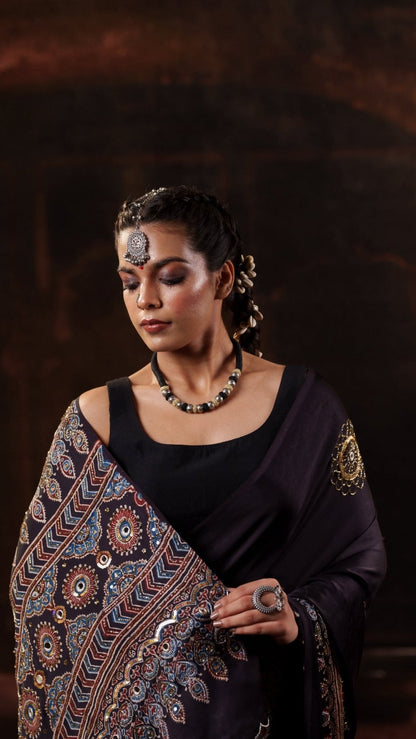 Zariya Blue Ajrakh Modal Silk Saree with Artisan Handwork - Eternity by Sakshi