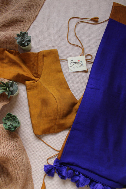 Blue Teal Office Saree + Yellow Shadow Blouse Combo - Eternity by Sakshi