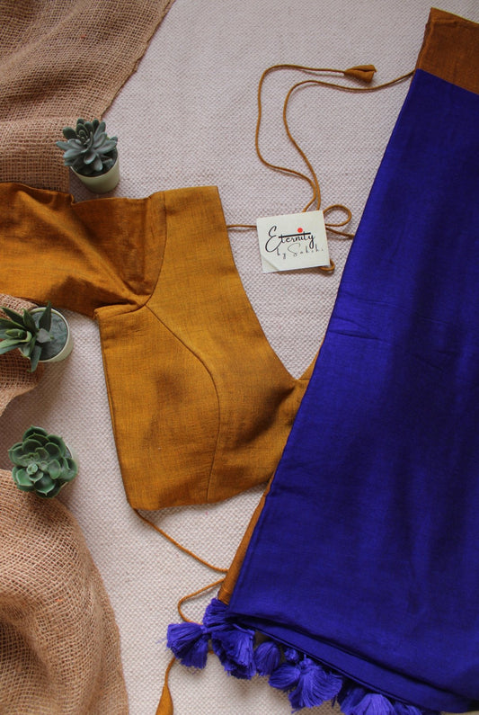 Blue Teal Office Saree + Yellow Shadow Blouse Combo - Eternity by Sakshi