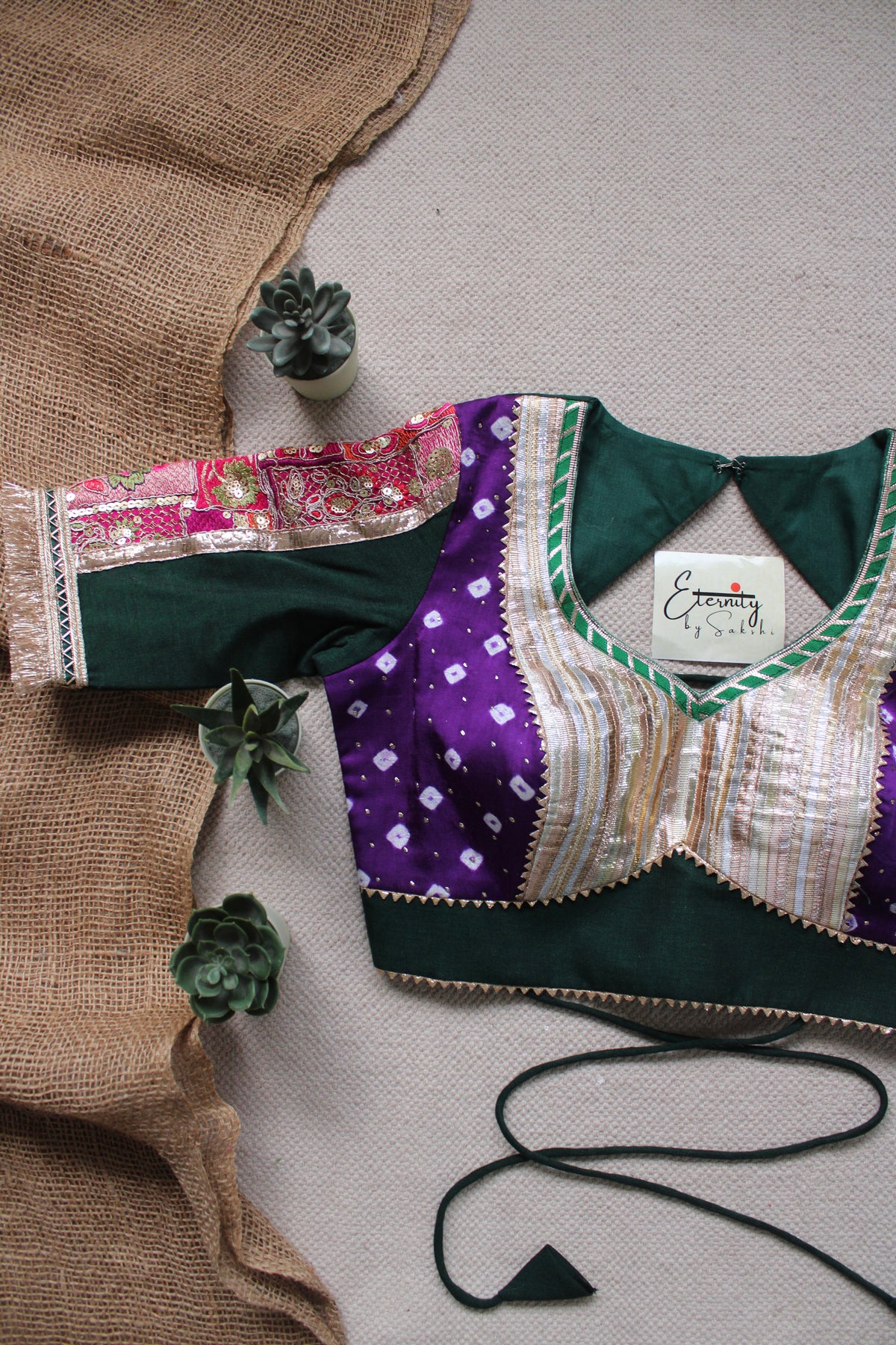 Gehraai Bandhani Multicolor Purple Green Patch Blouse