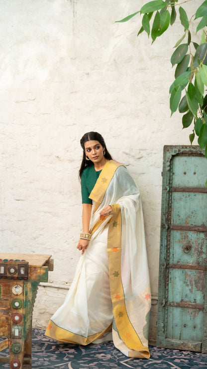 Golden Dusk Handloom Cotton Tissue Silk Saree for Onam | Metallic Weave - Eternity by Sakshi