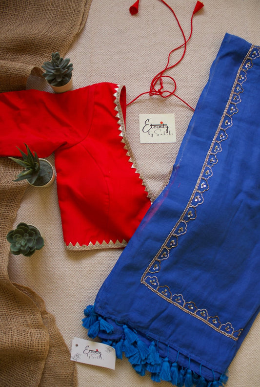 Blue Noor Saree + Red Radhika Blouse Combo - Eternity by Sakshi