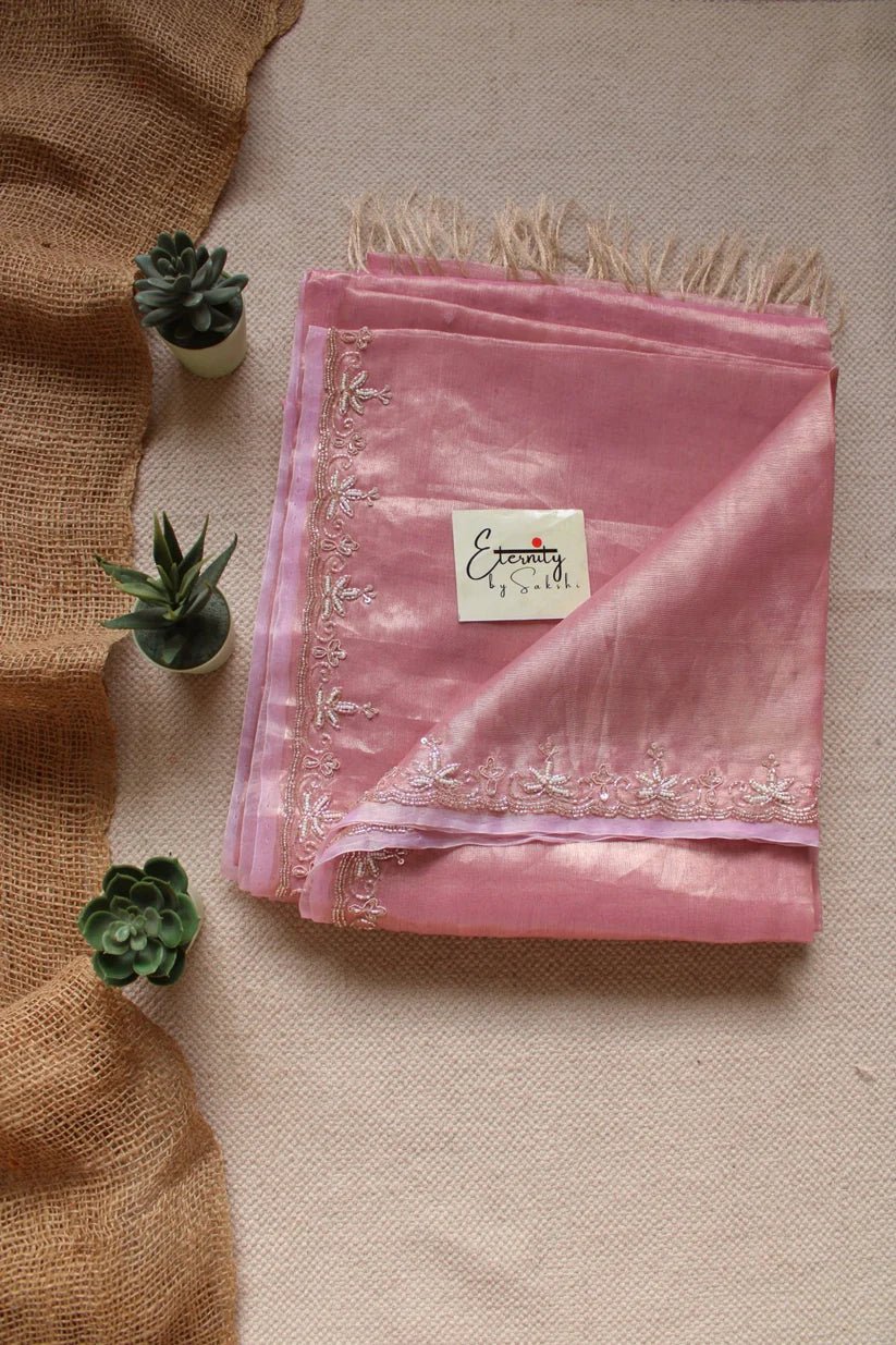 Pink Handwork Raaz Saree + Beige Metallic Single Zip Mood Blouse Combo - Eternity by Sakshi