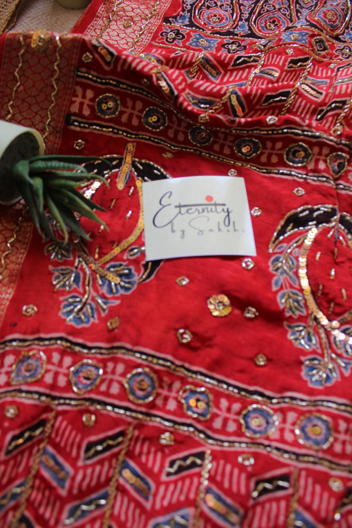 Ruby Maharani Ajrakh Dola Silk Handwork Saree
