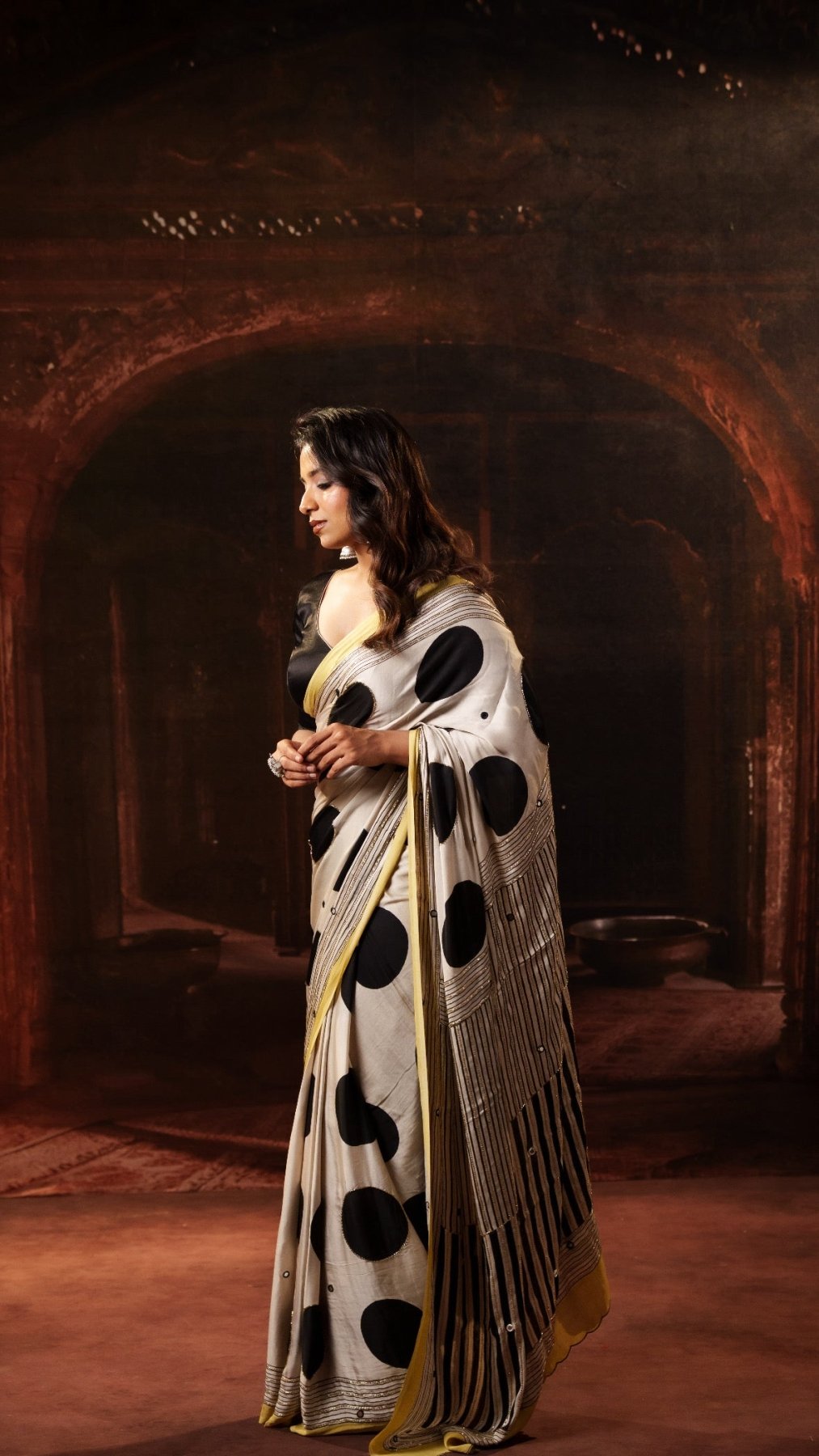 Off-White Ajrakh Polka Modal Silk Saree with Artisan Handwork + Heer Black Blackless Blouse Combo