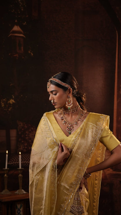 Yellow Handwork Raaz Saree + Yellow Tissue Elastic Blouse - Eternity by Sakshi