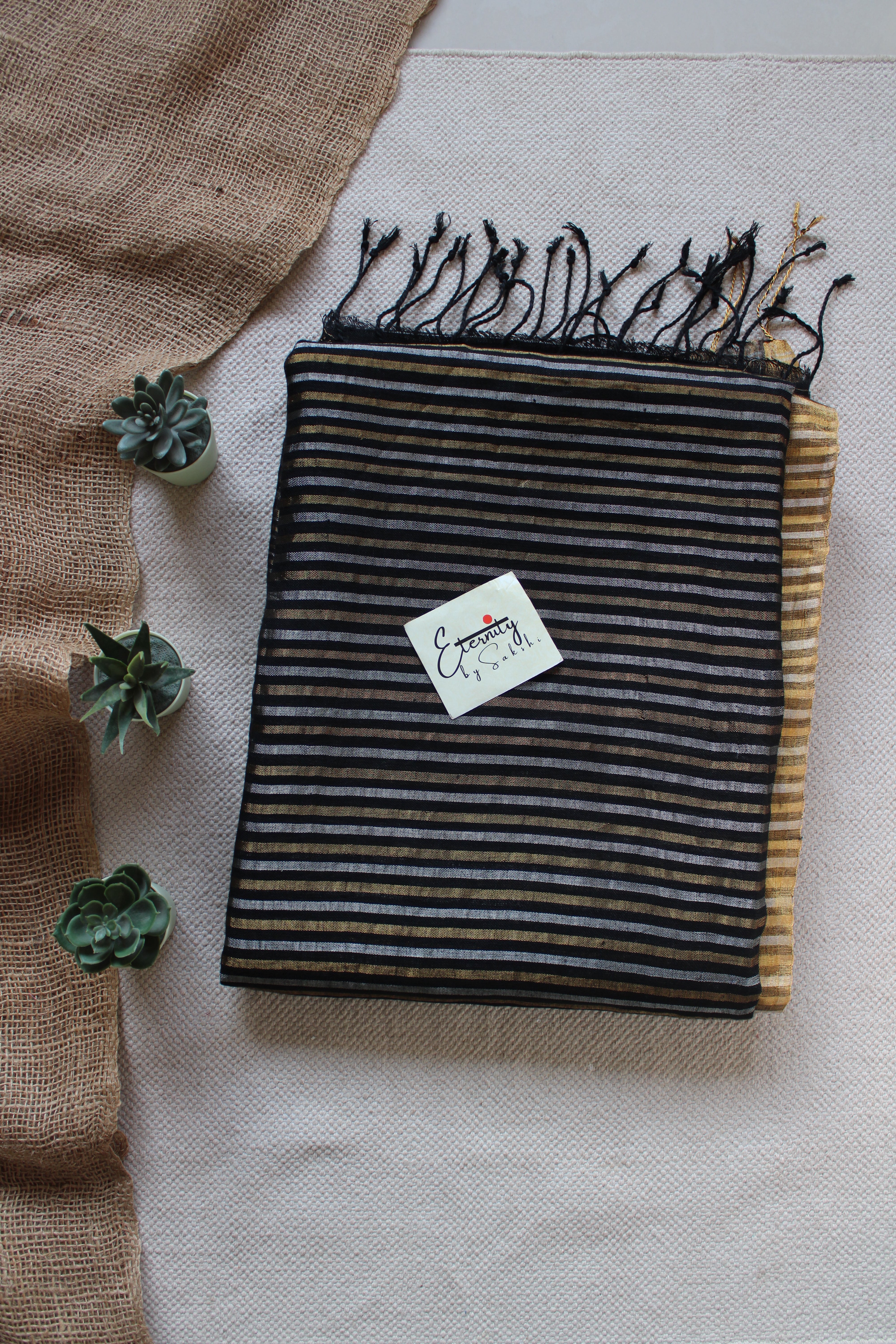 Black Stripes Linen Saree