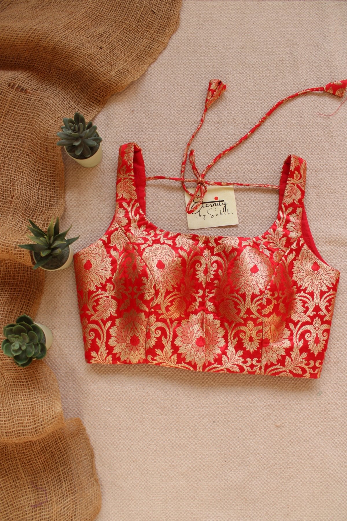 Red Brocade Elastic Noorie Blouse - Eternity by Sakshi