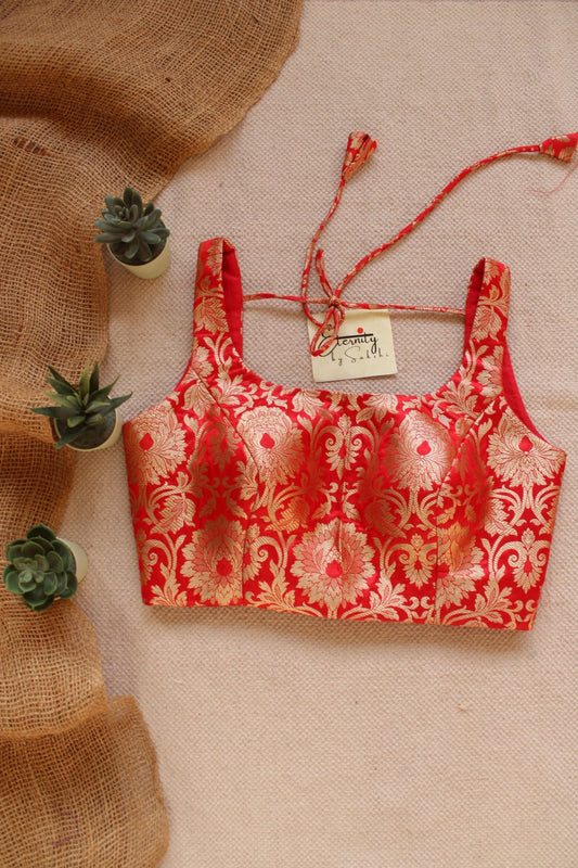 Red Brocade Elastic Noorie Blouse - Eternity by Sakshi