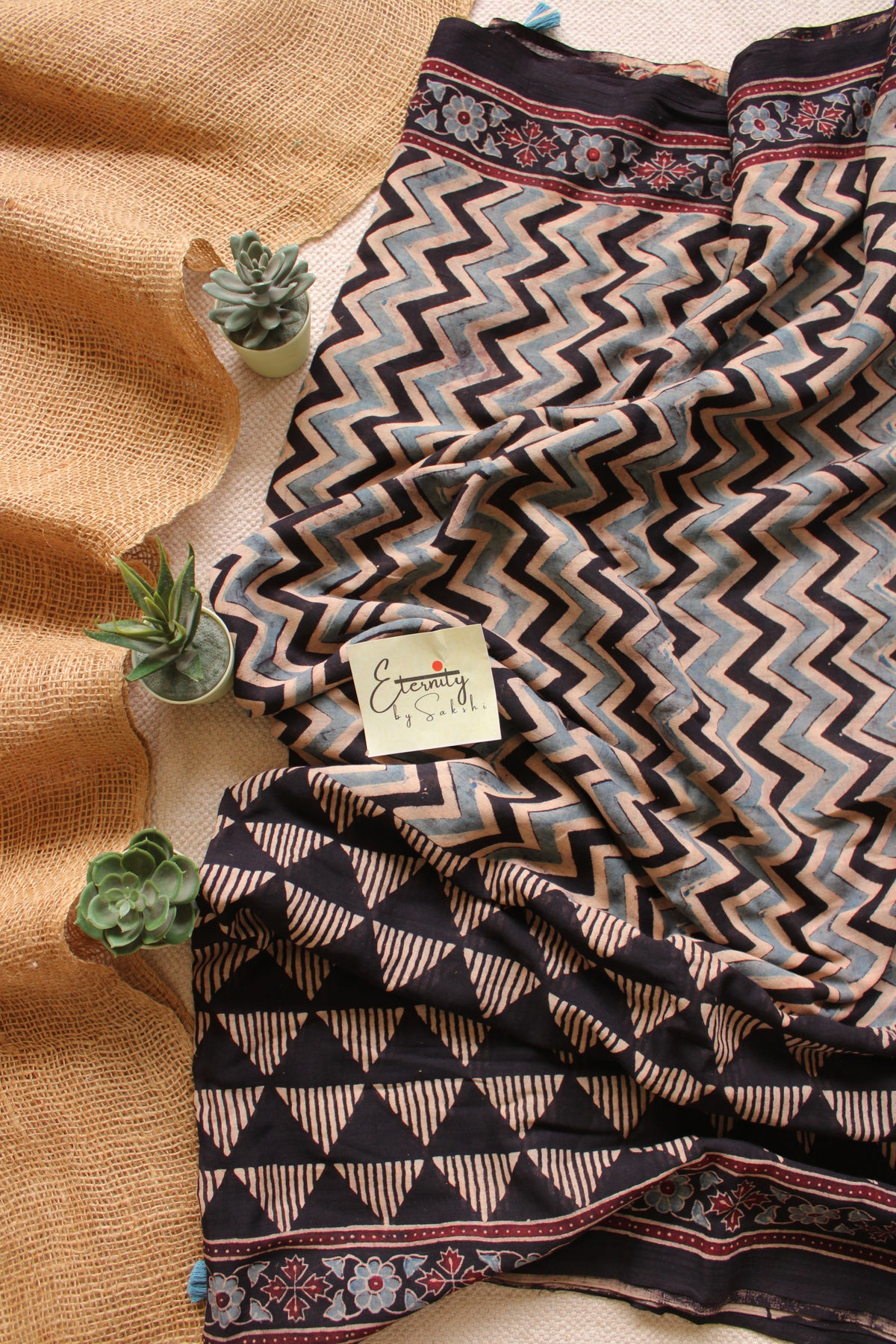 Black zigzag Rajneel Ajrakh Garage Saree