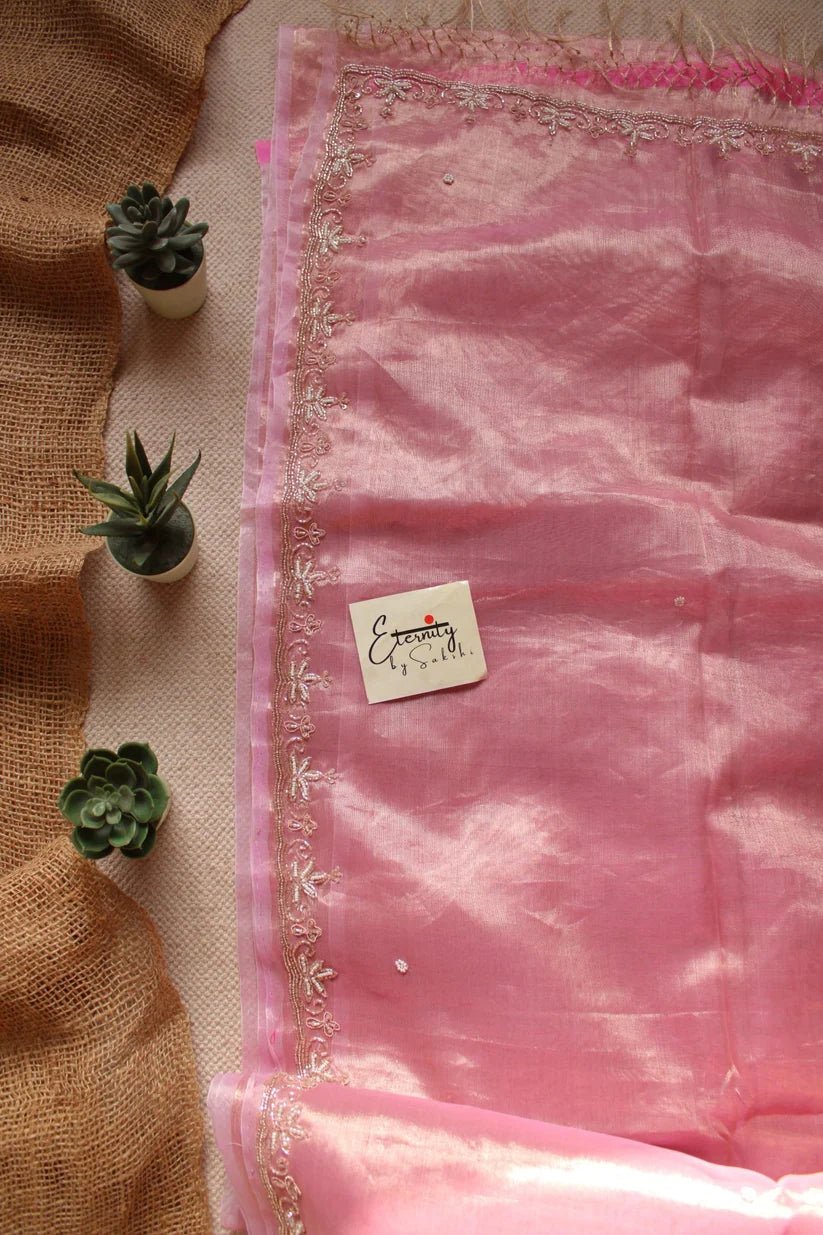 Pink Handwork Raaz Saree + Beige Metallic Single Zip Mood Blouse Combo - Eternity by Sakshi
