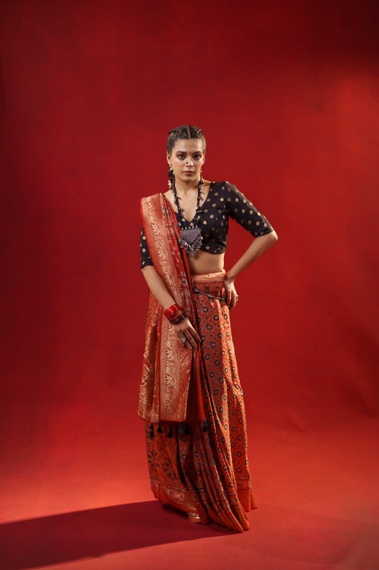 Rajvanshi Ajrakh Dola Silk Saree + Royal Ember Shadow Blouse Combo - Eternity by Sakshi
