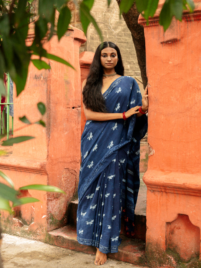 Indigo Horizon Handblockprinted Cotton Saree