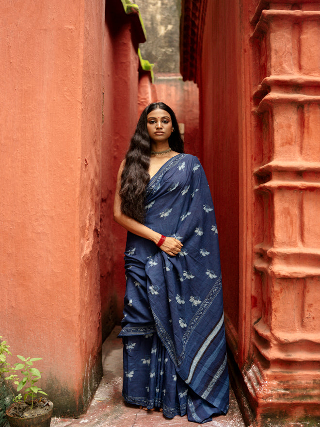 Indigo Horizon Handblockprinted Cotton Saree