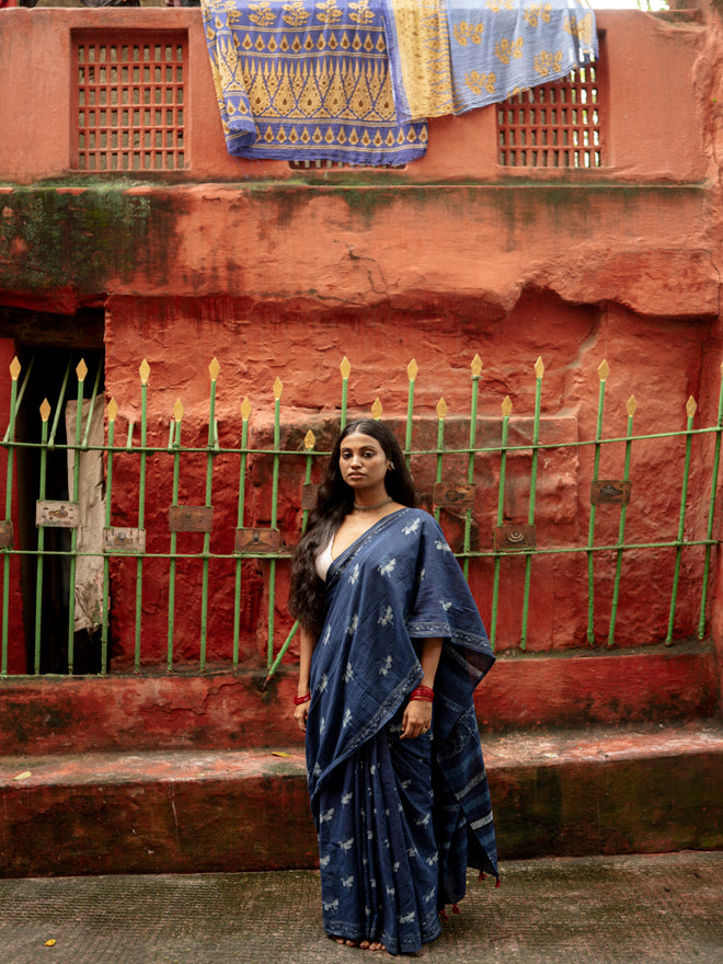 Indigo Horizon Handblockprinted Cotton Saree