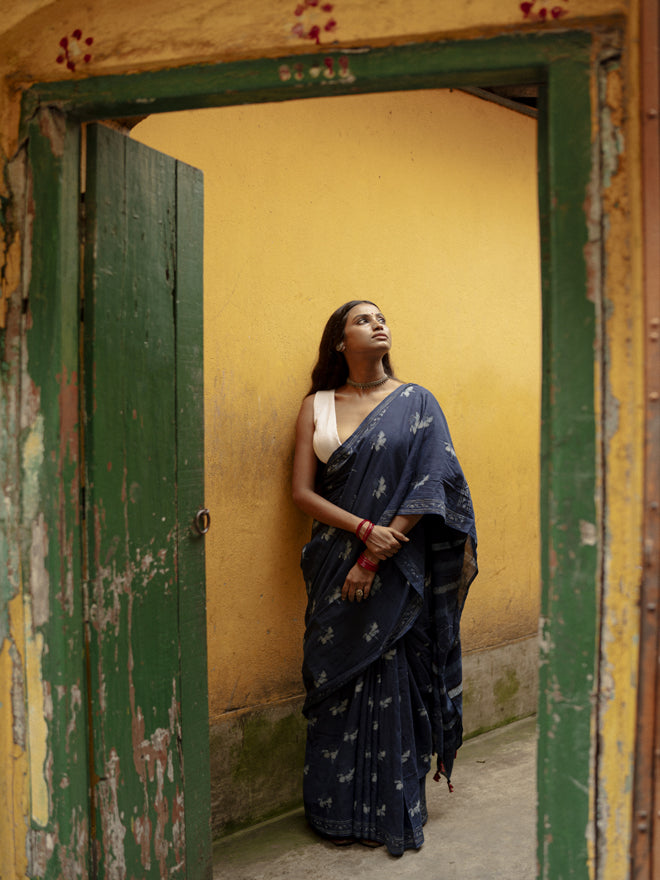 Indigo Horizon Handblockprinted Cotton Saree