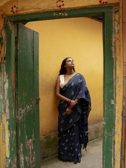 Indigo Horizon Handblockprinted Cotton Saree