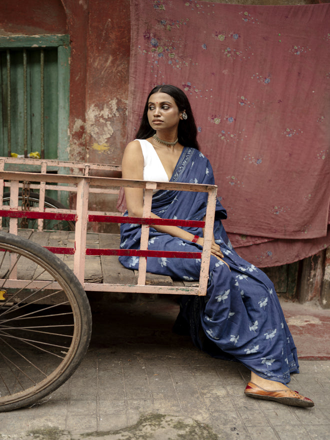 Indigo Horizon Handblockprinted Cotton Saree