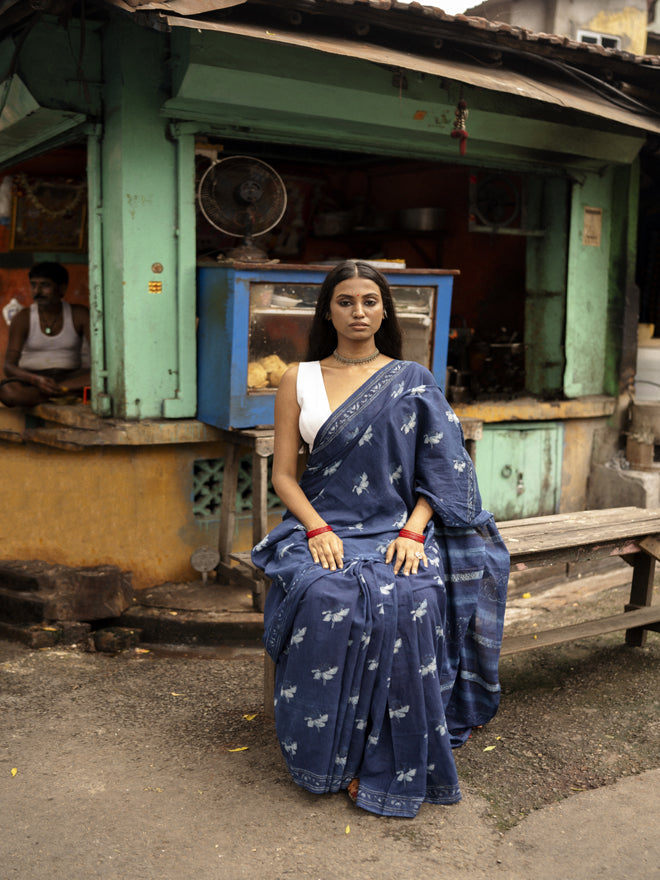 Indigo Horizon Handblockprinted Cotton Saree