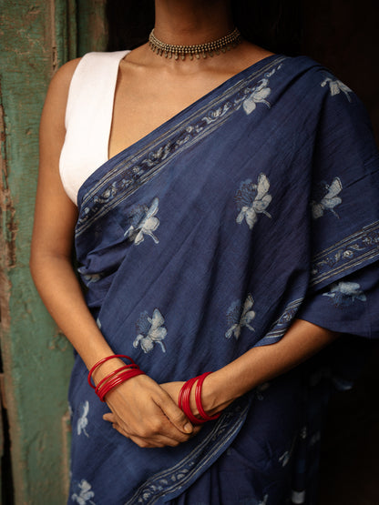 Indigo Horizon Handblockprinted Cotton Saree