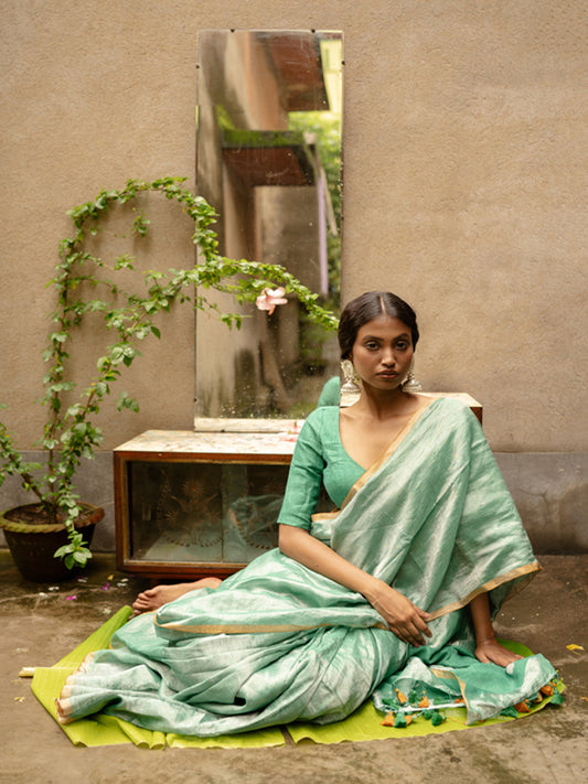 Sage Metallic Linen Saree