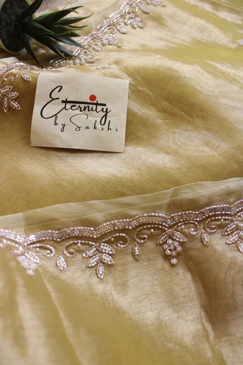 Yellow Handwork Raaz Saree + Beige Metallic Single Zip Mood Blouse Combo - Eternity by Sakshi