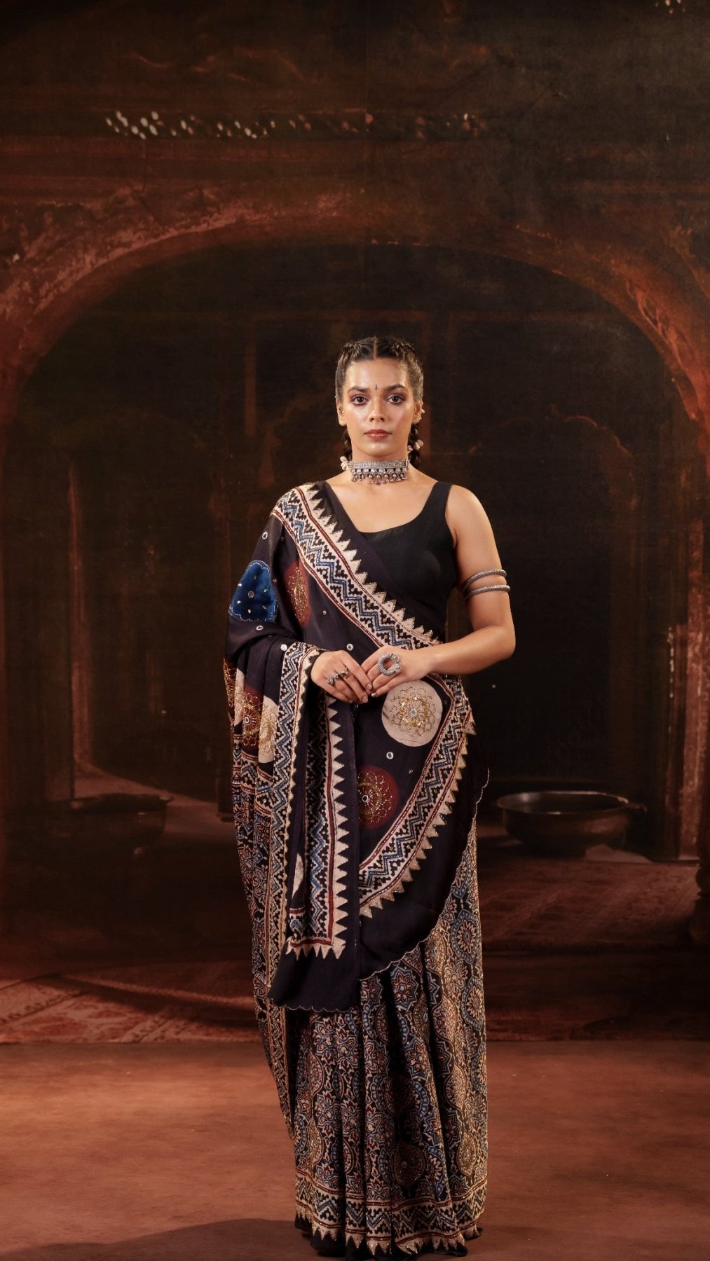 Chaandbaali Ajrakh Modal Silk Saree with Artisan Handwork + Black Noorie Blouse Combo