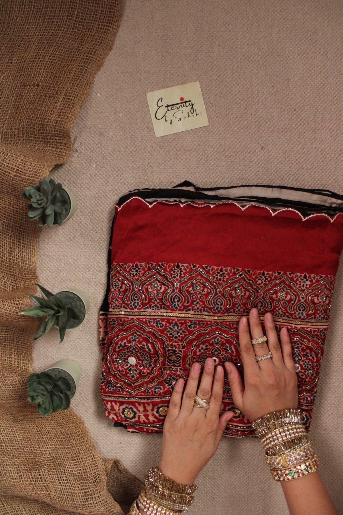 Ruhani Red Ajrakh Modal Silk Saree with Artisan Handwork - Eternity by Sakshi