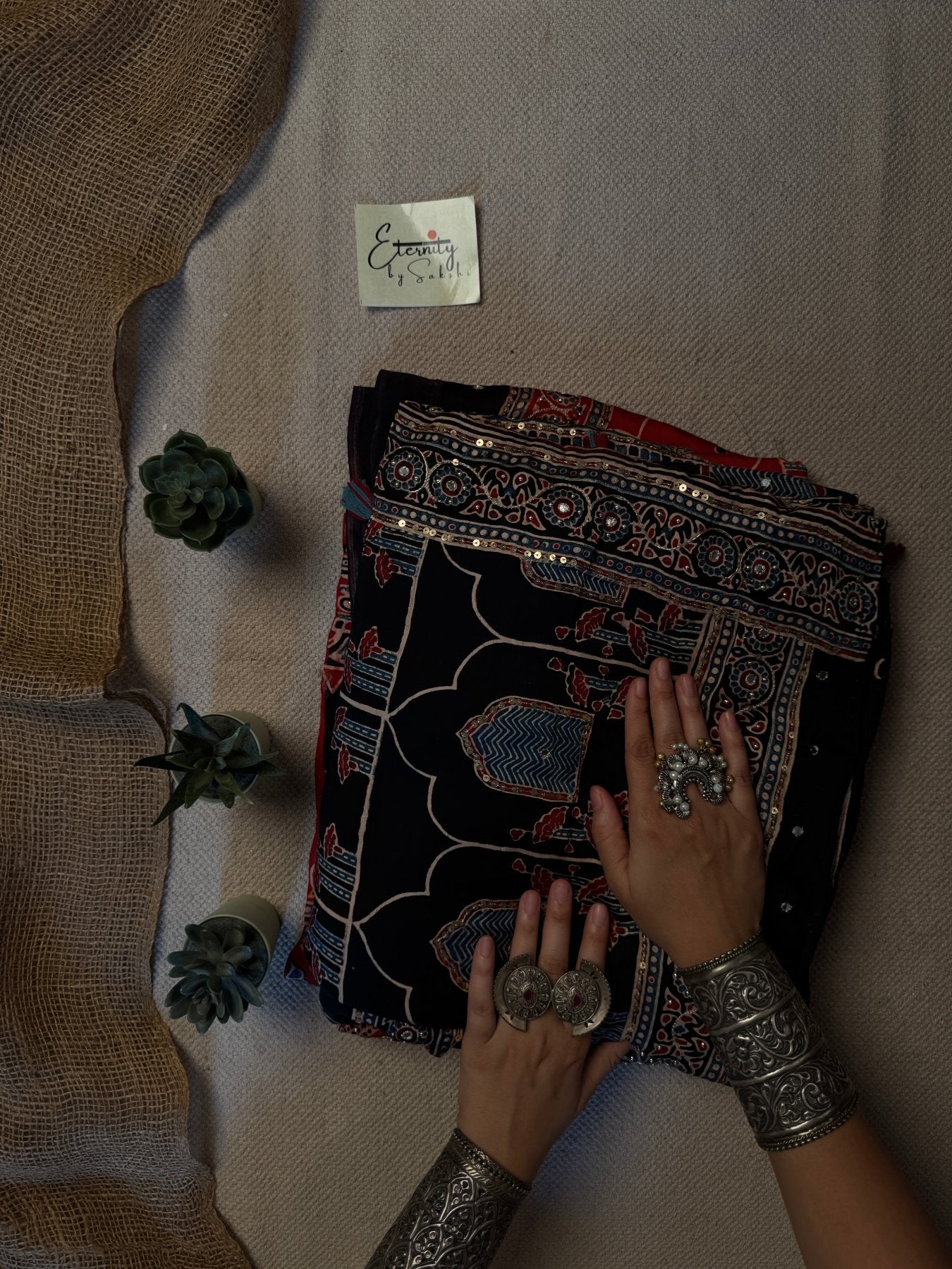 Black Blue Ajrakh Modal Silk Saree with Work - Eternity by Sakshi