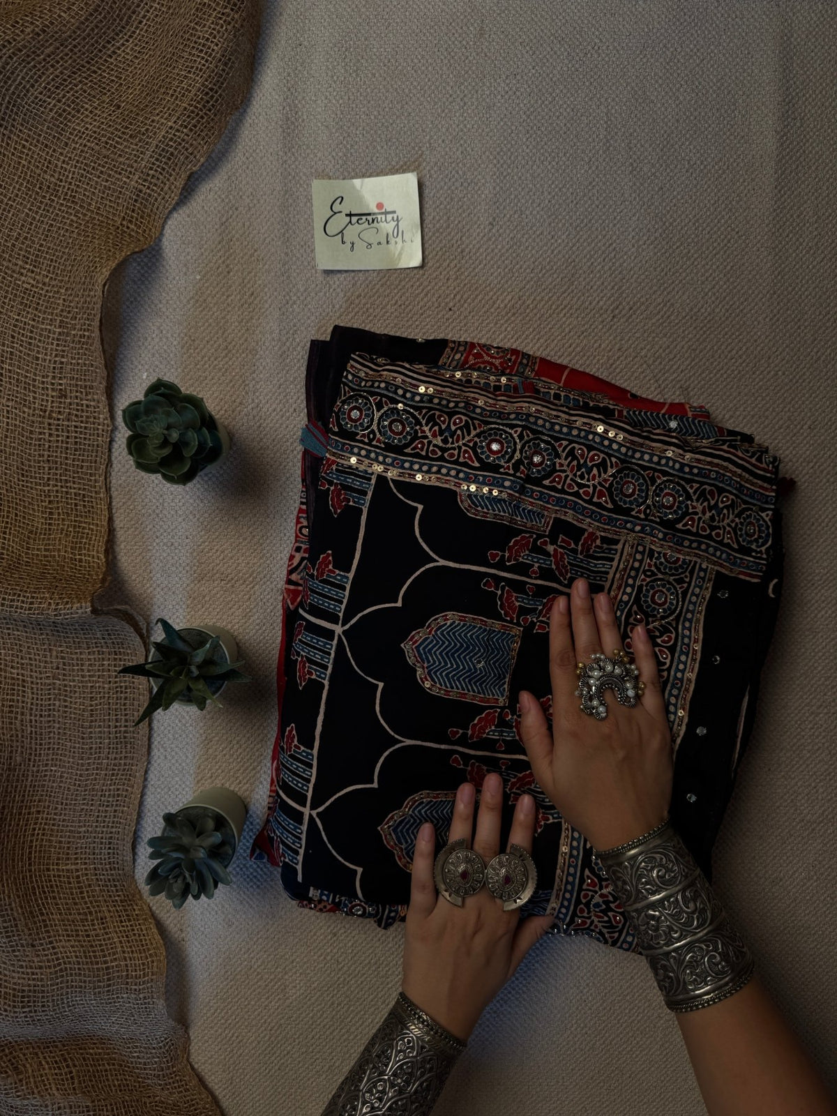 Black Blue Ajrakh Modal Silk Saree with Work - Eternity by Sakshi