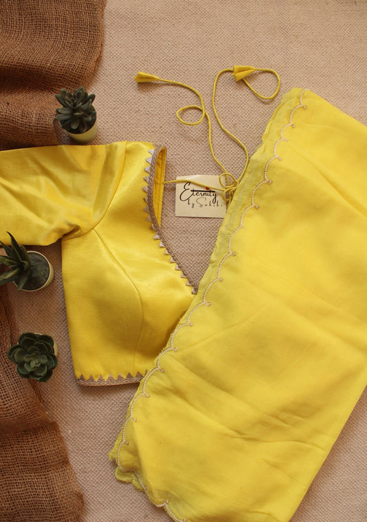 Yellow Pearl Saree + Yellow Radhika Blouse Combo - Eternity by Sakshi