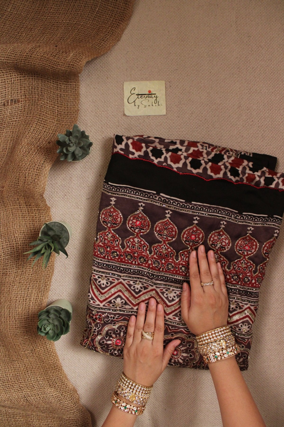 Shahi Mehroon Ajrakh Modal Silk Saree with Artisan Handwork - Eternity by Sakshi