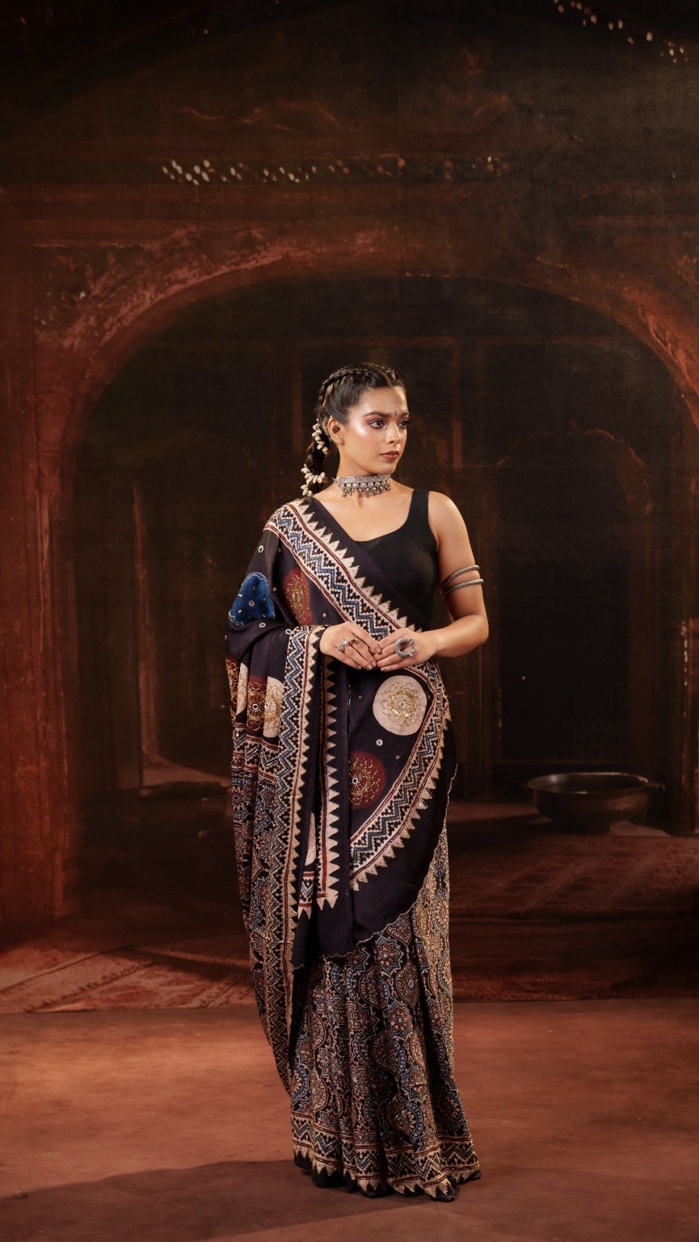 Chaandbaali Ajrakh Modal Silk Saree with Artisan Handwork - Eternity by Sakshi