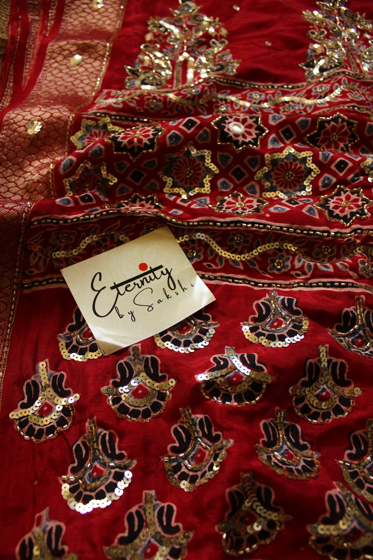 Red Maharani Ajrakh Dola Silk Handwork Saree