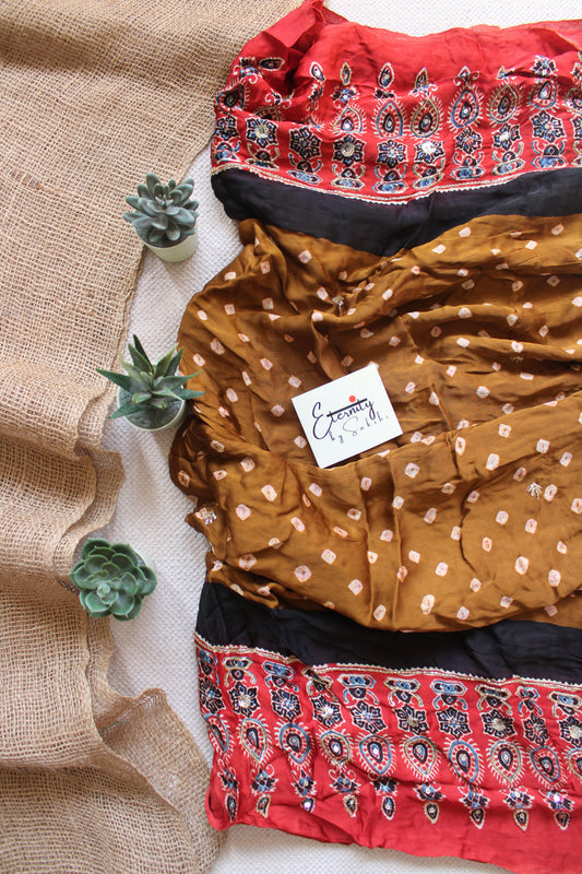 Pale Yellow Bandhani Ajrakh Silk Handwork Saree